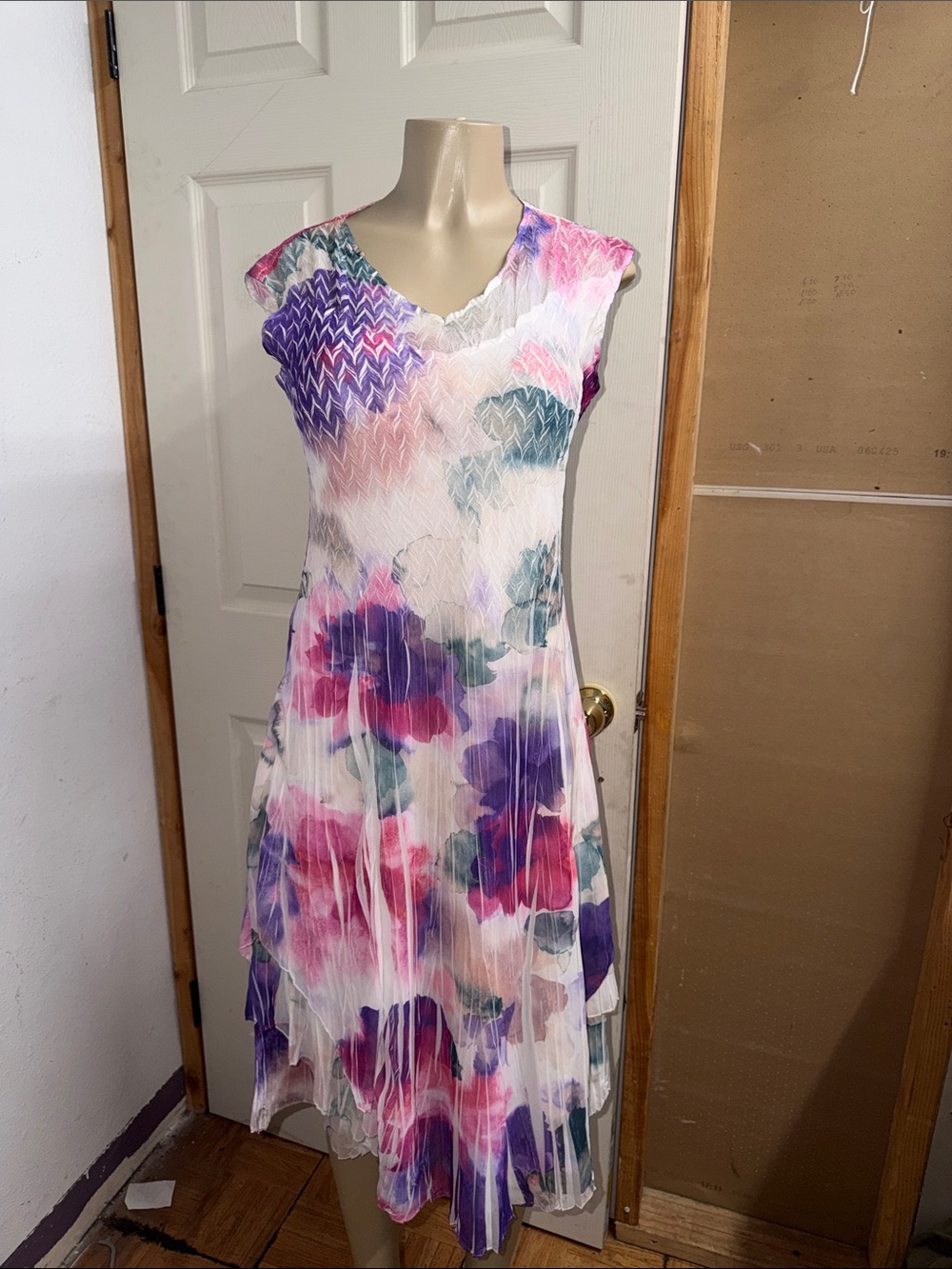 Komarov Floral Pleated V-Neck Midi Dress in Pink & Purple